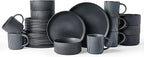 Famiware Star Dinnerware Set with Mugs, Service for 6 (24 Pieces), Ribbed Stoneware Plates and Bowls Dishes Sets - Chip & Scratch Resistant, Microwave & Dishwasher Safe, Matte Dark Charcoal