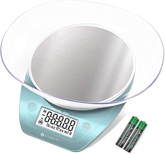Etekcity 0.1g Food Scale, Bowl, Digital Grams and Ounces for Weight Loss, Dieting, Baking, Cooking, and Meal Prep, 11lb/5kg, Bright Blue