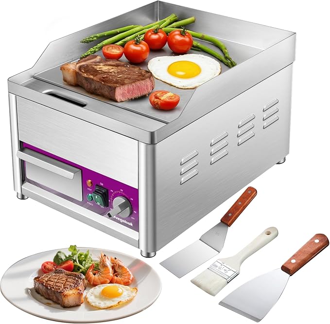 Mvegoiuok Commercial Electric Griddle 14 Inch Stainless Steel Table Top Griddle 1800W Indoor Grill Electric Flat Top Grill Smokeless