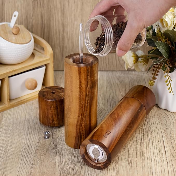 2 Pack Acacia Wooden Salt and Pepper Grinder Set 8 Inches Refillable Salt and Pepper Mills Adjustable Coarseness, Acacia Wood with Ceramic Core Peppercorn Shaker Tableware Birthday Gifts