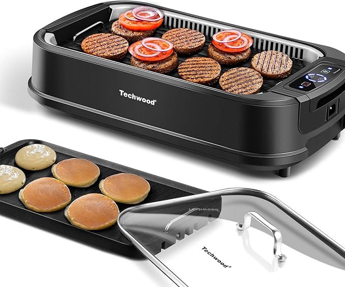 Indoor Smokeless Grill, Techwood 1500W Electric Indoor Grill with Tempered Glass Lid, Portable Non-stick BBQ Korean, Turbo Smoke Extractor Technology, Drip Tray& Double Removable Plate, Black