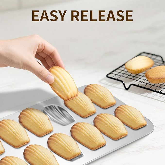 Madeleine Pans Set of 2, Nonstick 12-Cavity Madeleines Mold Cookie Tray for Baking, Heavy Duty Warp Resistant Cute Shell Shape Madeleine Mold Cake Pan - Silver