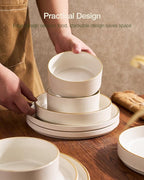 Famiware Star 18-Piece Stoneware Plates and Bowls Sets, Service for 6, Ceramic Dinnerware with Trim, Modern Rustic Dishes for Everyday/Formal, Chip/Scratch Resistant, Microwave/Dishwasher Safe, White