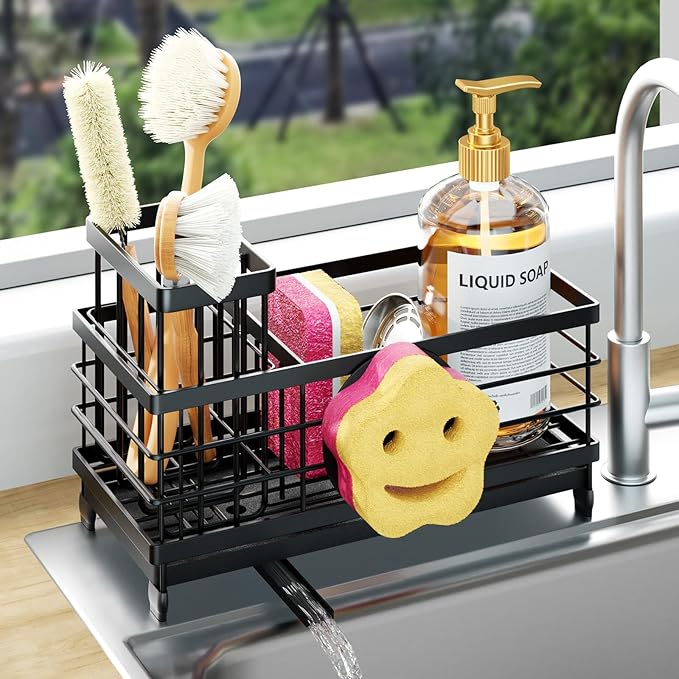 HapiRm Sponge Holder for Kitchen Sink - Self-draining Sink Caddy with Smiley Face and Brush Holder, Stainless Steel Kitchen Organizer for Countertop - Black