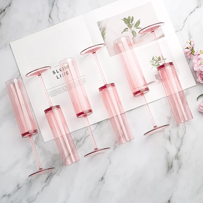 24 Pieces Acrylic Pink Champagne Flutes 5.4 OZ Square Champagne Glasses Stemmed Coupes Reusable Wedding Toasting Glasses Rose Bride Wine Glasses For Birthday Party Wedding Anniversary Christmas