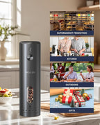 CIRCLE JOY Electric Pepper Grinder Rechargeable, Automatic Pepper Mill with 110ml Container, External Adjustable Coarseness, White Led Light and One-Handed Operation, Black
