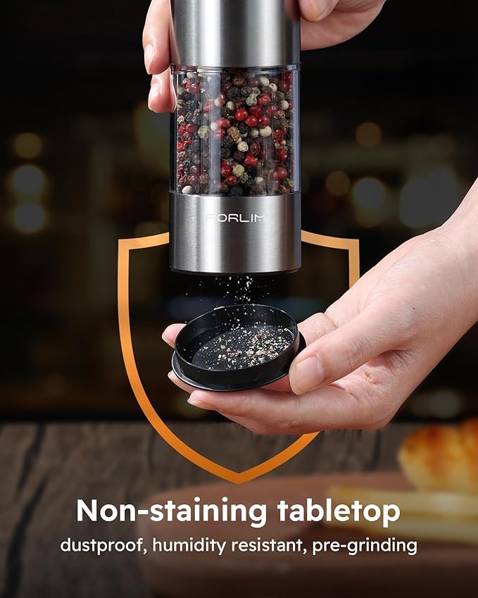 FORLIM Electric Salt and Pepper Grinder Set, USB Rechargeable, Automatic Salt Pepper Mill Grinder with Dust Cover, One-Button Control, Adjustable Coarseness, Warm LED Light (2 Packs, Stainless Steel)