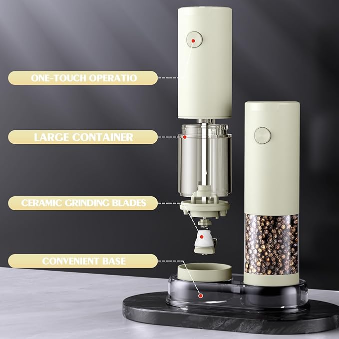 1 Pack Salt and Pepper Grinder-Electric Adjustable Coarseness Salt Pepper Grinder Shakers House Warming Gifts Automatic Battery Pepper Mill Shakers Gifts for Women Wedding Registry Must Haves