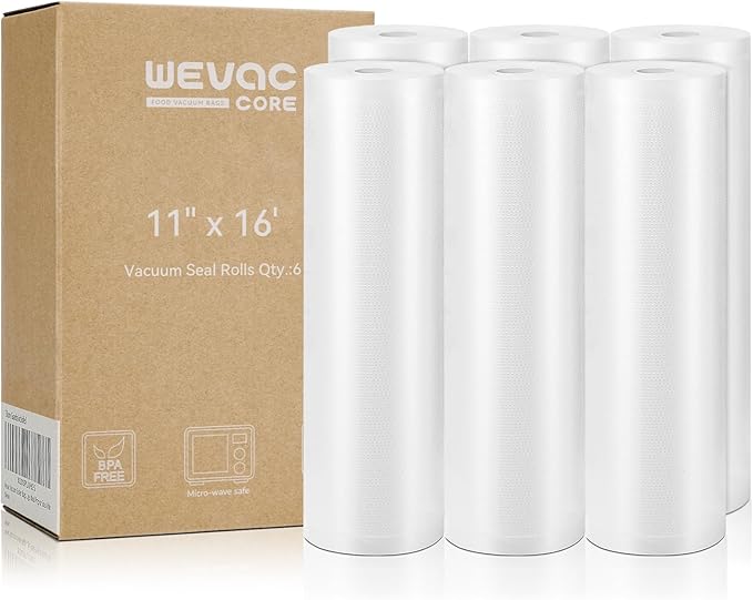 Wevac Vacuum Sealer Bags 11x16' Rolls 6 pack for Food Saver, Seal a Meal, Weston. Commercial Grade, BPA Free, Heavy Duty, Great for vac storage, Meal Prep or Sous Vide