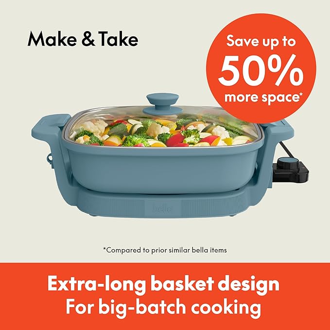 bella Make & Take Electric Skillet, Fits-anywhere™ kitchenware, EverGood™ Ceramic Coating, Adjustable Temperature & Dishwasher-Safe Tempered Glass Lid, Cast Aluminum Base, 1200 Watt, Surf