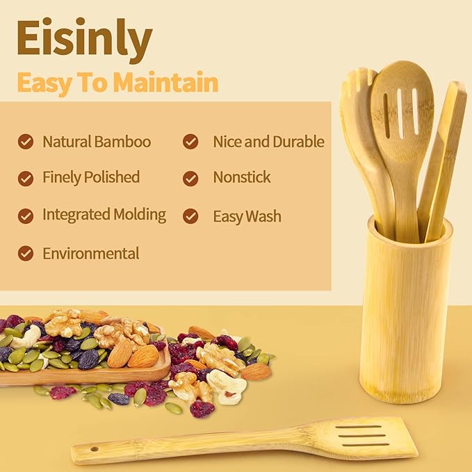 Eisinly Wooden Spoons for Cooking 7-Piece, Kitchen Nonstick Bamboo Cooking Utensils Set, Healthy Bamboo Wooden Spatula Spoon for Cooking