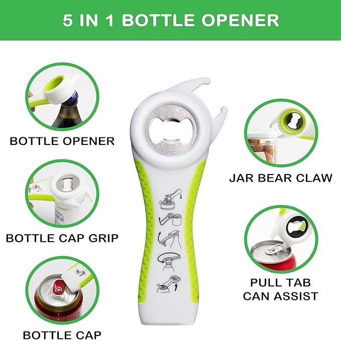 Jar Opener for Weak Hands, Seniors with Arthritis, 5 in 1 Multi Function Bottle Opener Lid Opener For Arthritic Hands with Non Slip Rubber Jar opener Gripper Pad and Corkscrew Wine Opener(GREEN)