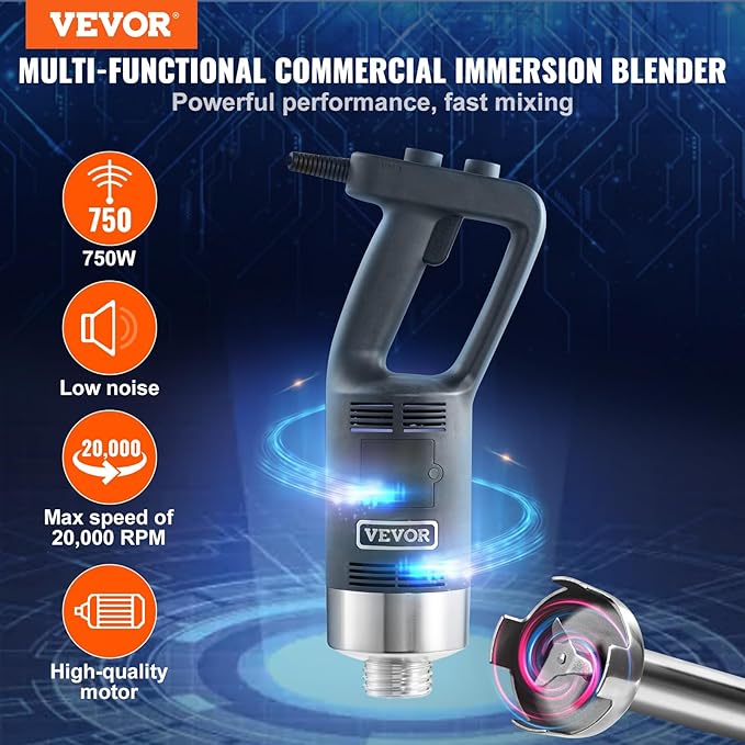 VEVOR Commercial Immersion Blender, 750W 12" Heavy Duty Hand Mixer, Variable Speed Kitchen Stick Mixer with 304 Stainless Steel Blade, Multi-Purpose Blender for Soup, Smoothie, Puree, Baby Food