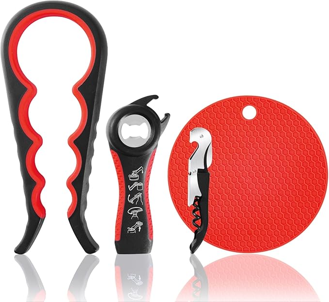 Bloss Anti-skid Jar Opener Can Opener Kitchen Grippers,4 in 1 Multi Function Bottle Opener Lid Opener for Seniors with Arthritis, Caps and Bottles Kitchen Gadgets For Small Hands or Seniors,Black Red