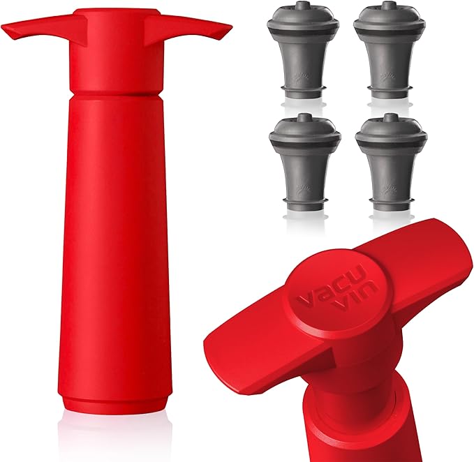 Vacu Vin Wine Saver Pump Red with Vacuum Wine Stopper - Keep Your Wine Fresh for up to 10 Days - 1 Pump 4 Stoppers - Reusable - Made in the Netherlands