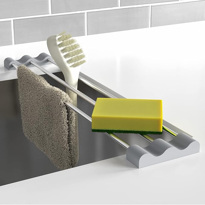 Tomorotec Adjustable Over-The-Sink Kitchen Rack for Dishcloths, Sponges, Bottles and Brushes - Heat-Resistant Stainless Steel with Slim, Expandable Design and Multifunctional Silicone Holder