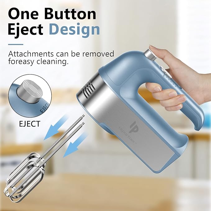 Hand Mixer Electric, 450W Kitchen Mixers with Scale Cup Storage Case, Turbo Boost/Self-Control Speed + 5 Speed + Eject Button + 5 Stainless Steel Accessories, For Easy Whipping Dough, Cream, Blue