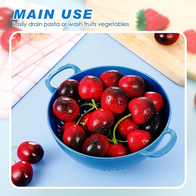 Baderke 4 Pack Mini Colander for Kitchen Plastic Berry Strainer with Double Handles 7.5 x 6 x 3 Inch Small Colander Strainer for Fruits Vegetables Food(Green, Red, Blue, Lemon Yellow)