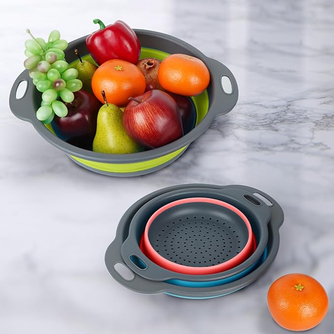 Collapsible Colander 3-Pack Set Space-Saving Foldable Kitchen Strainer with Non-Slip Base Durable Thickened PP+TPE Collapsible Strainers for Pasta, Vegetables, Fruits (Gray-Blue-Red-Green)