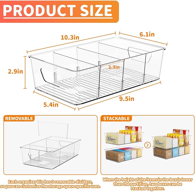 Stackable 6 Pack Snack Organizer for Pantry Shelf,Clear Pantry Organizers and Storage Bins for Fridge,Office,Cupboard,Plastic Pantry Snack Organizer For Breast Milk,Tea Bag,Food Storage Containers