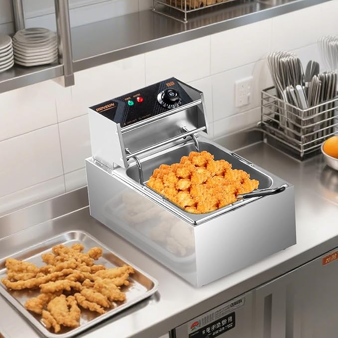 ROVSUN 11.4QT Electric Commercial Deep Fryer with Basket & Lid, Countertop Kitchen Frying Machine, Temperature Adjustable Stainless Steel French Fryer for French Fries Donuts Onion Rings 2500W