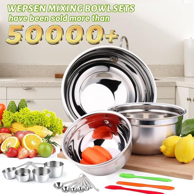 Mixing Bowls with Lid Set, 27PCS Kitchen Utensils Metal Bowl Stainless Steel Nesting Bowls, Measuring Cups and Spoons, Egg Whisk for Baking
