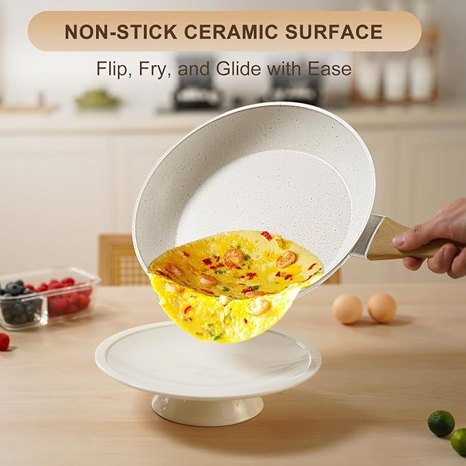 EWFEN 25 Pcs Pots and Pans Set, Nonstick Ceramic Cookware Sets, Healthy Non-Toxic, Large Capacity, Induction Compatible, Cooking Set with Frying Pans & Saucepans, PFAS/PTFE/PFOA Free, Cream White