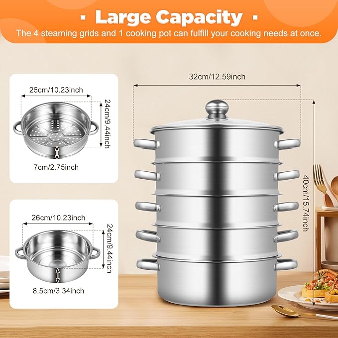 5-Tier Stainless Steel Steamer, 10.2 Inch Commercial Multi Tier Stainless Steel Cookware Pot Vegetable Meat Steamer Cooker Set w/Glass Lid for Steaming Shrimp & Miscellaneous Grains