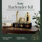 Barillio Gold Bartender Kit - Stainless-Steel Cocktail Shaker Set w/Black Bamboo Stand - Mixology Bar Tools w/Drink Shaker, Mixer, and Muddler for Cocktails - Home Bar Accessories - 23-Pc Bar Set