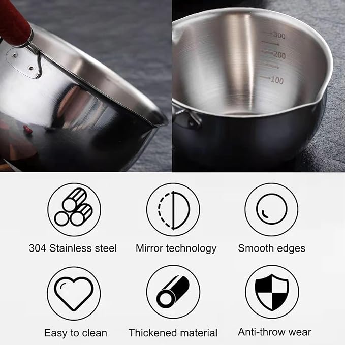 Butter Warmer Pot, Stainless Steel Milk Warmer with Wooden Handle for Seafood, Mini Butter Melting Pot Small Saucepan with Dual Pour Spouts for Stove Top Cooking (150ml)