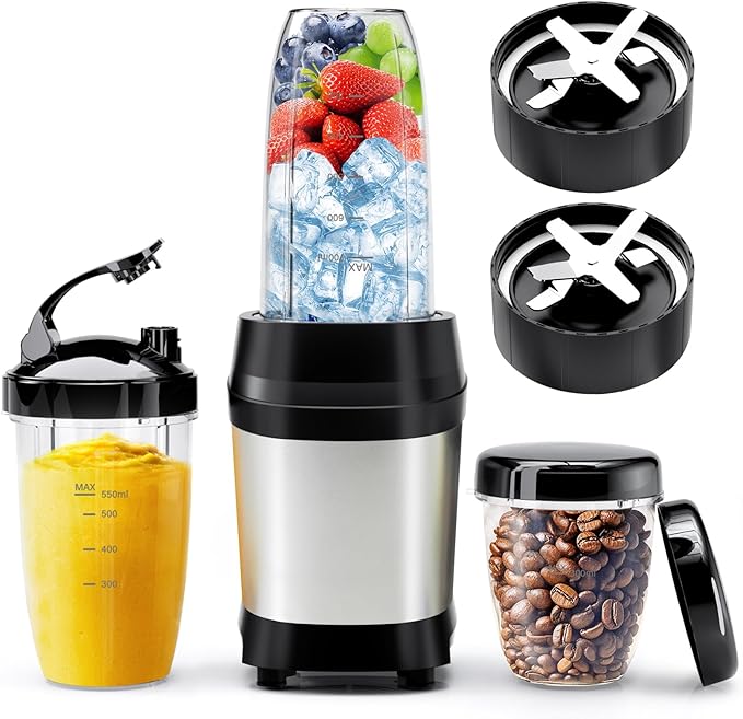 Nahida Blender for Smoothies, 1200W Smoothie Blender for Ice Crushing, Blenders with (2) 6-Fin Blades, Personal Blenders for Kitchen with 23oz, 32oz, 37oz Easy Go Cups for Juices, Silver