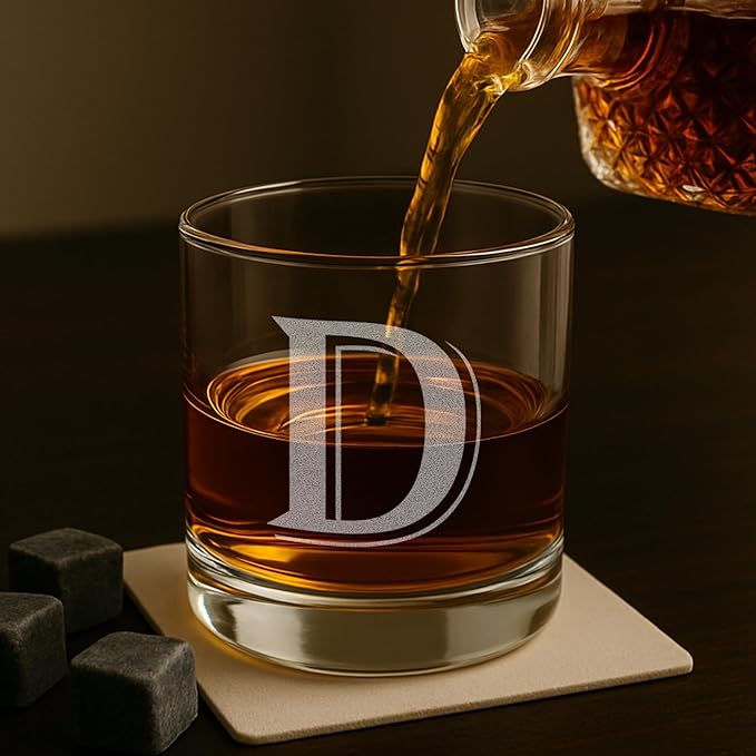 Monogrammed Gifts for Men - 4PC 11 Oz Custom Whiskey Glasses (D-Monogram) - Engraved Whiskey Glasses - Personalized Rocks Glasses - Unique Bourbon Glasses - Personalized Glass Gifts for Dad