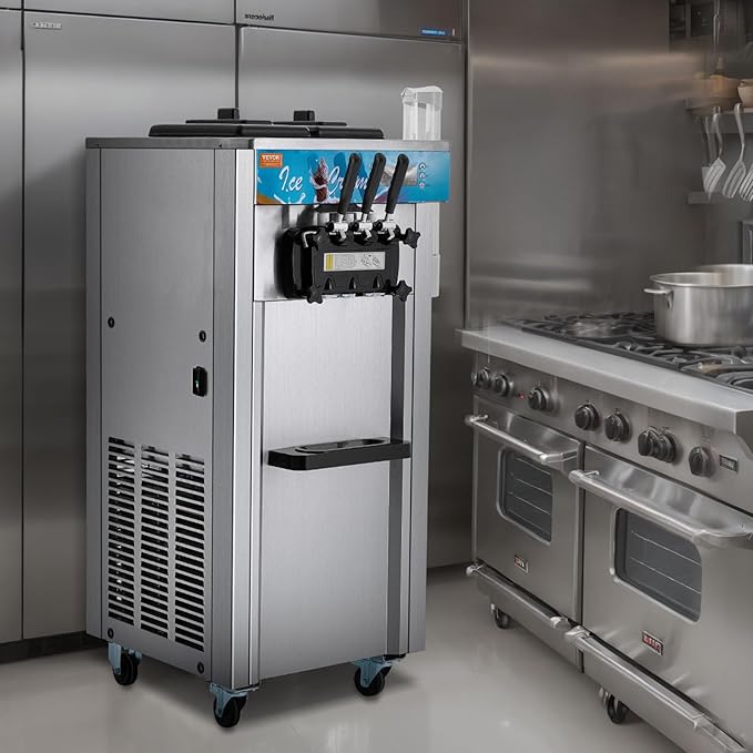 VEVOR Commercial Ice Cream Machine, 21-31 L/H Yield, 1800W 3-Flavor Freestanding Soft Serve Ice Cream Maker, 2 x 5.5L Stainless Steel Cylinder, LED Panel Auto Clean Pre-cooling, for Restaurant Bars