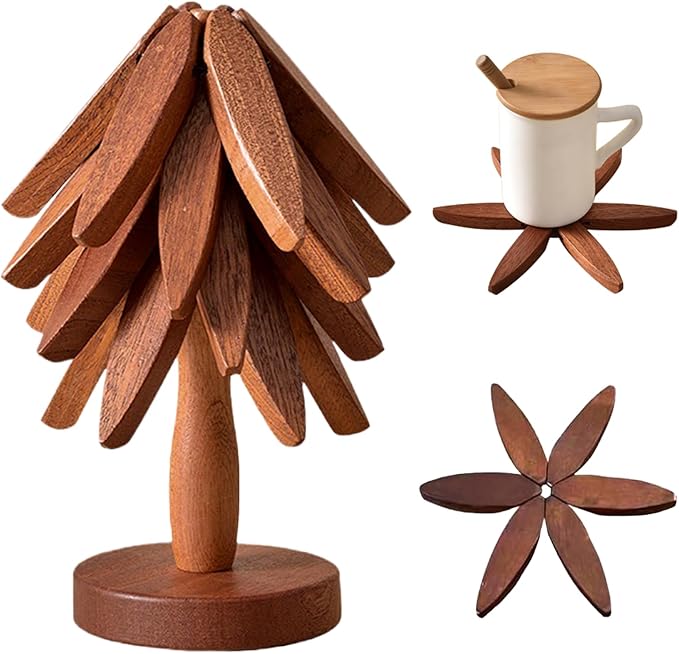 Natural Foldable Black Walnut Wooden Trivet Set - 4 Trivets + 1 Stand for Hot Dishes, Pot, Bowl, Teapot, Hot Pot Holders(Black Walnut)