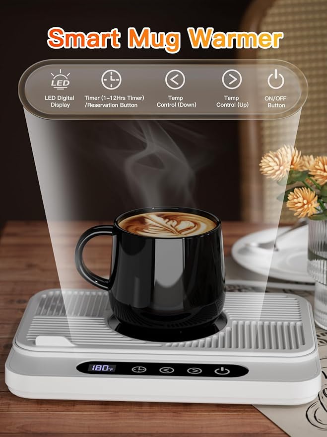 Misby Mug Warmer, 50W Large Heating Panel Coffee Mug Warmer with 6-Temp Settings, 8H Auto Shut-Off, 12H Timer, Ultra-Thin Design, Coffee Cup Warmer for Desk, Ideal for Home, Office, Travel (White)