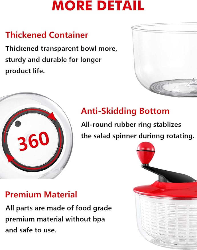 Salad Spinner Large 5L Capacity, Easy to Clean Lettuce Spinner with Bowl, Vegetable Washer Dryer Dishwasher Safe Ideal for Vegetables and Fruits without BPA, Large 4.5 Quart