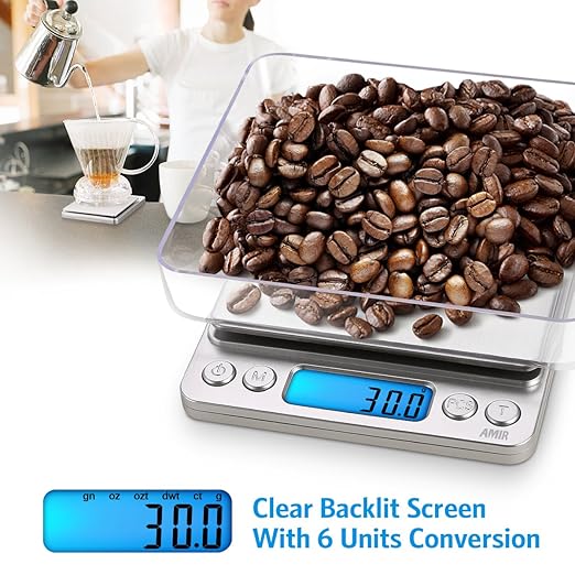 AMIR Digital Kitchen Scale, 3000g 0.01oz/ 0.1g Pocket Coffee Scale, Mini Food Scale, Pro Electronic Jewelry Scale with Back-Lit LCD Display, Tare & PCS Functions, Stainless Steel, Batteries Included