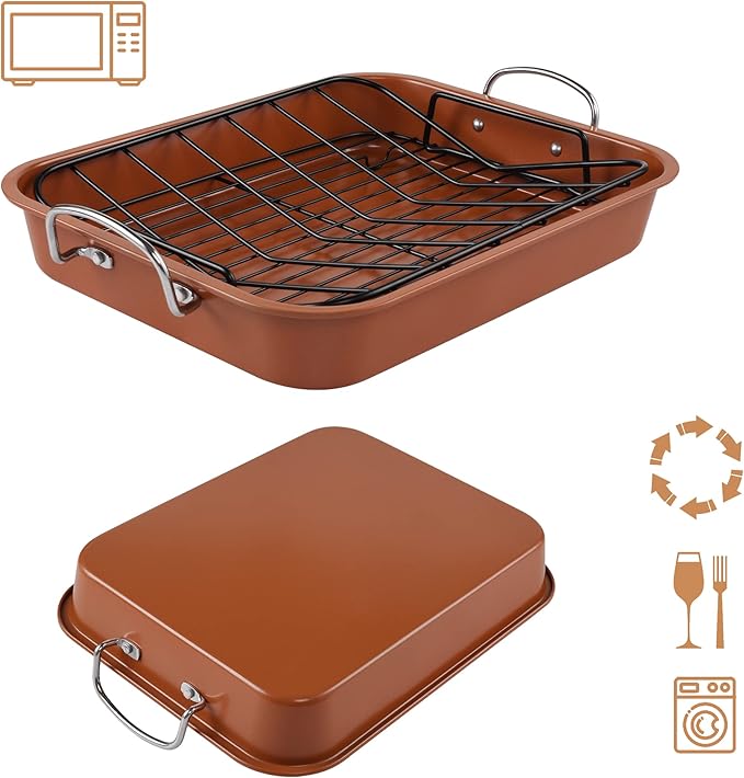 KitCom Nonstick Roasting Pan, Roaster with Cooling Rack and V-Rack - 16 Inch Rectangular Turkey Roaster Lasagna Pan for Easter, Thanksgiving & Christmas, Dishwasher Safe, Bronze