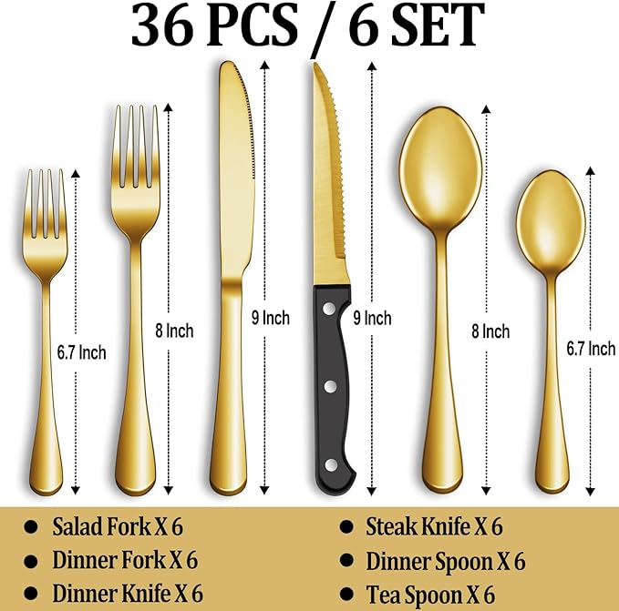 36 Pcs Gold Silverware Set with Steak Knives, Stainless Steel Flatware Cutlery Set Service for 6, Kitchen Tableware Sets, Utensil Sets for Home and Restaurant, Knives Forks Spoon, Dishwasher Safe