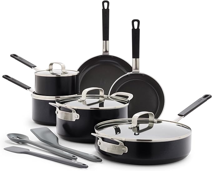GreenPan x Bobby Flay 13 Piece Nonstick Cookware Pots and Pans Set, PFAS-Free Diamond Ceramic, Induction Suitable, Easy Clean Dishwasher & Oven Safe, Stay-Cool Silicone Handles, Glass Lids, Black
