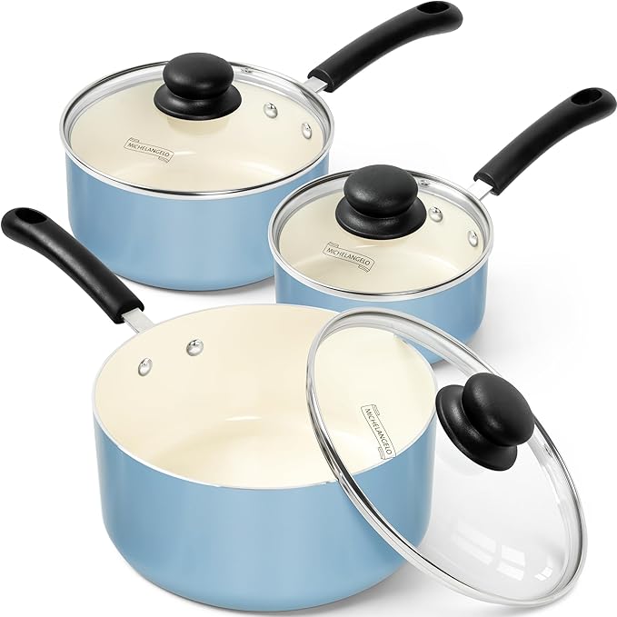 MICHELANGELO Nonstick Sauce Pan with Lid, Ceramic Saucepan Set, Non Toxic Small Saucepans Sets with Stay-Cool Handle, Induction Pots For Cooking, PTFE & PFOA Free - 1Qt & 2Qt & 3Qt, Blue
