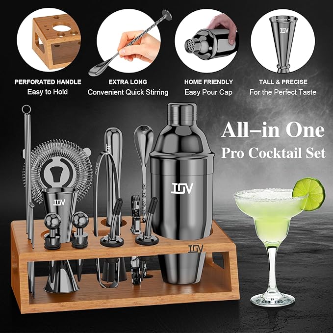 IOV Cocktail Shaker Set Bartender Kit with Stand | Bar Set Drink Mixer Set Includes Martini Shaker, Jigger, Strainer, Mixing Spoon, Muddler, Recipe Book | Home Bar Accessories Gift Set (Black)