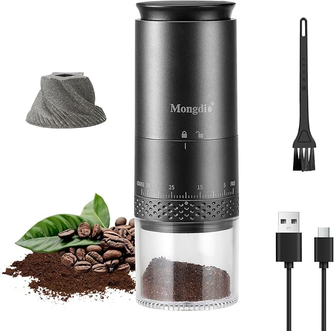 Mongdio Portable Electric Burr Coffee Grinder with 38 Adjustable Settings, Conical Burr Coffee Grinder with LED Display, USB Charging, Ceramic Core, for Home, Space Black