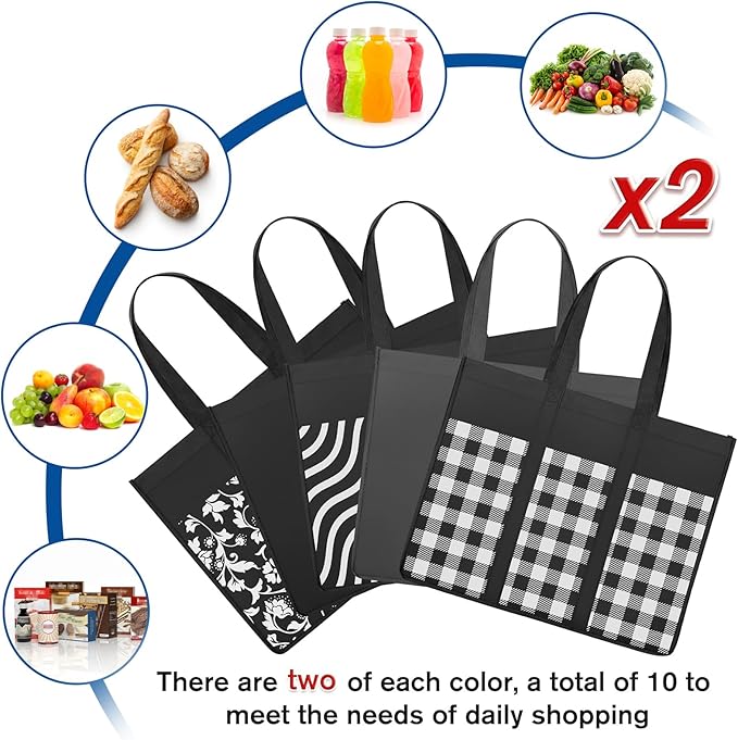 WISELIFE Reusable Grocery Shopping Bags 10 Pack Large Foldable Tote Bags Bulk, Eco Produce Bags with Long Handle for Shopping Groceries Clothes (Plaid D)