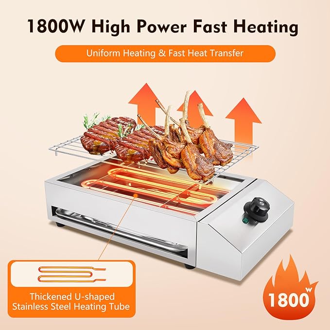 Electric Indoor Outdoor Grill, 1800W Commercial Electric Grill with Removable Griddle, Adjustable Temperature 122F-572F, Stainless Steel Smokeless Indoor Grill for Party Cooking Home Commercial