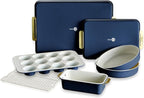 GreenPan Bakeware Set, 7 Piece Nonstick Ceramic Gold Handle Baking Sheets, Cake Pans, Loaf Pan, Muffin Tin, Cooling Rack, PFAS & BPA Free, Freezer to Oven Dish, Bake & Roast Ovenware, Oxford Blue