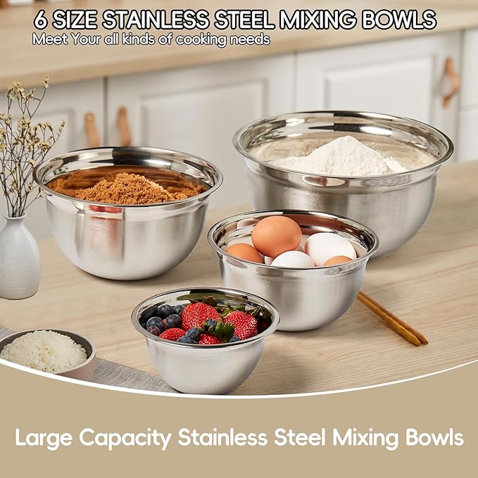 Mixing Bowls Set, 27PCS Khaki Mixing Bowls With Lids Set Stainless Steel Kitchen Large Nesting Metal Bowl 7QT to 1.5QT, Measuring Cups and Spoons for Prepping Cooking Serving