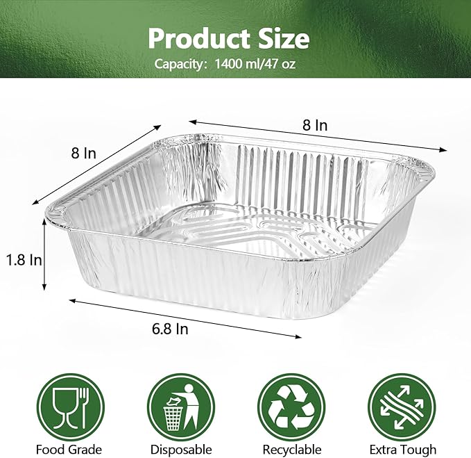 Thickened 50 Pack Heavy Duty Aluminum Pans, 8x8 Small Disposable Aluminum Baking Pans, Square Tin Foil Roasting Tray for Cooking, Meal Prep, Catering, Events, Carton Packaging
