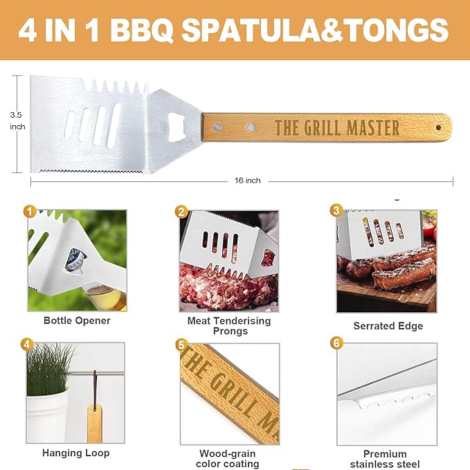 Grilling Accessories, Fathers Day Grilling Gifts for Men, Birthday Gift for Dad, Heavy Duty Wooden BBQ Grill Kit, Thick Stainless Steel Grill Utensils with Non-Slip Handle Tools in Portable Bag