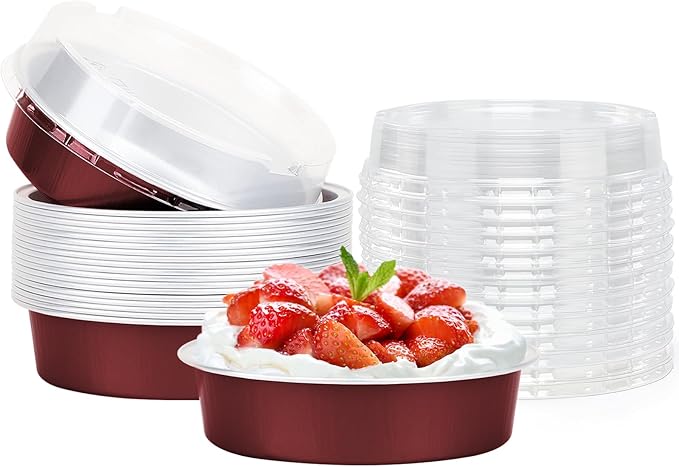 Beasea Disposable Mini Pie Tins with Lids, 20 Pack 4” 7.3oz 215ml Small Round Aluminum Baking Tart Foil Container for Individual Dessert Cupcake Cheesecake Ramekin Quiche Oven Dishes - Wine Red